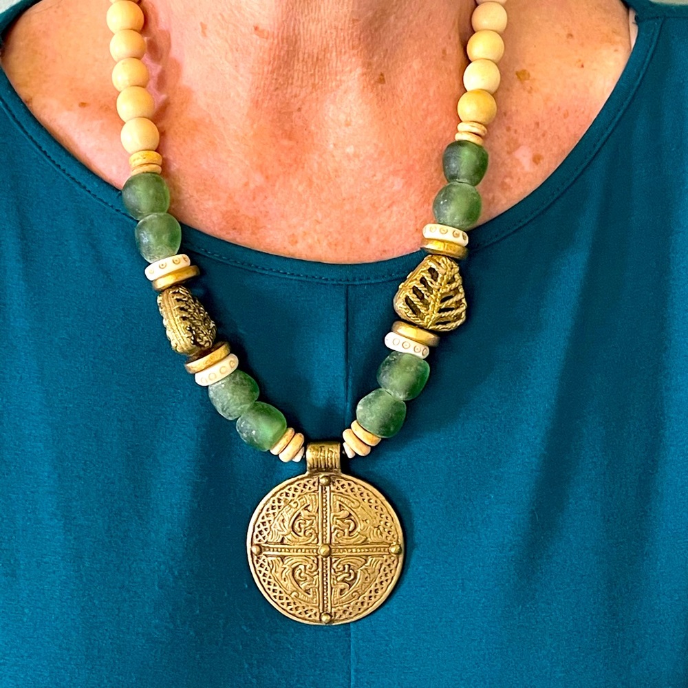 Handcrafted Necklace with Glass Beads, Wood and Bronze Medallion